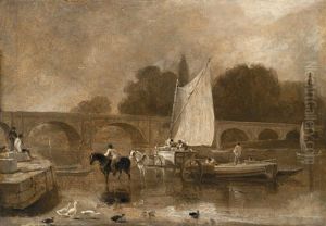 A View Of Richmond Bridge, Richmond-upon-thames, With A Horse-drawn Cart Unloading Goods Onto A Sailboat by Thomas Daniell