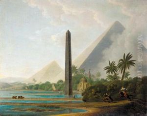 An Egyptian Capriccio Landscape With The Pyramids Of Giza And A Stone Needle On The Banks Of The Nile And Horsemen In The Foreground by Thomas Daniell