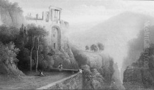 Wooded Landscape With Figures Near A Classical Ruin by Thomas Daniell