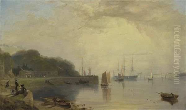 An Estuary In Devon, Possibly Torquay, With Figures And Small Boats In The Foreground And A Man-of-war At Anchor In The Background - view 1
