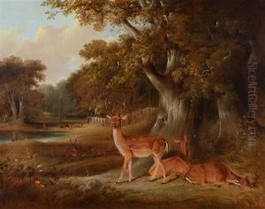 Deer In A Wooded Landscape by William Daniell RA