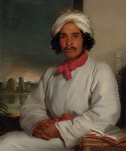 Portrait Of A Youth Wearing A White Turban And An Red Scarf, With A Temple Beyond