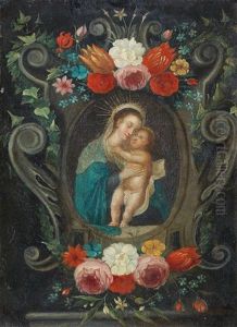 The Madonna And Child Within A Stone Cartouch Surrounded By Flowers And Foliage by Andries Daniels or Danielsz
