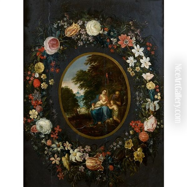 Sainte Famille Dans Une Couronne De Fleurs - view 1