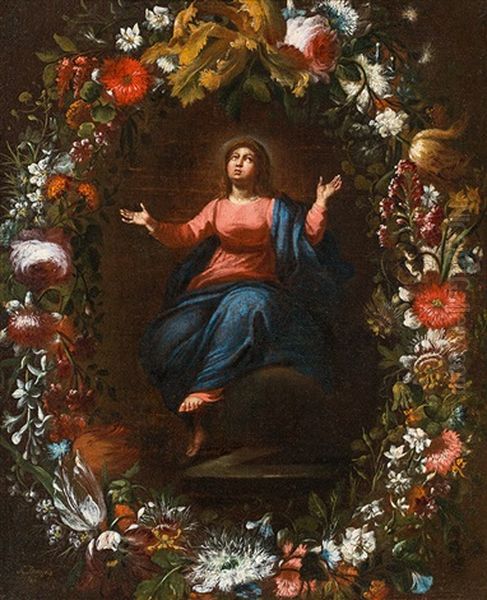 Assumption Of The Virgin Mary In Floral Wreath by Andries Daniels or Danielsz