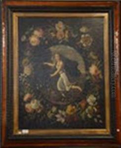 Guirlande De Fleurs Entourant Un Medaillon Avec Une Jeune Femme