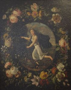 Guirlande De Fleurs Entourant Un Medaillon Avec Une Jeune Femme Guirlande De Fleurs Entourant Un Medaillon Avec Une Jeune Femme