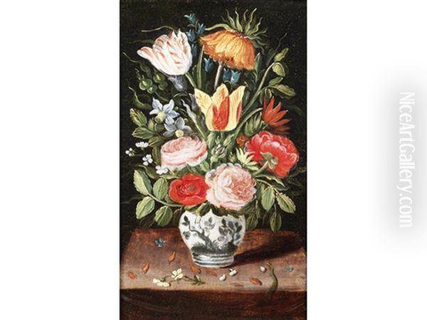 Tulips, Roses, Narcissi And Other Flowers In A Vase On A Table Top - view 1