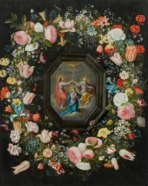 Blumenkranz Mit Der Kronung Maria In Einer Kartusche - view 1