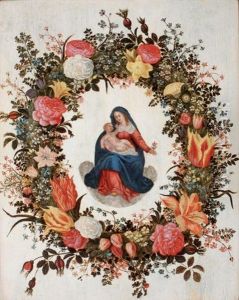 Guirlande De Fleurs Sur Fond Blanc Avec La Vierge A L'enfant Guirlande De Fleurs Sur Fond Blanc Avec La Vierge A L'enfant