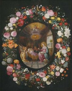 Anbetung Des Schlafenden Christusknaben, Gerahmt Von Einer Blumengirlande