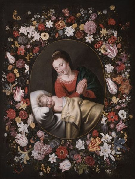 Madonna Mit Dem Schlafenden Christusknaben In Einem Kranz Aus Rosen, Tulpen, Lilien Und Anderen Blumen - view 1