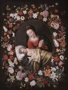 Madonna Mit Dem Schlafenden Christusknaben In Einem Kranz Aus Rosen, Tulpen, Lilien Und Anderen Blumen by Andries Daniels or Danielsz