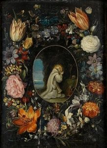Saint Bernard In Prayer Surrounded By A Garland Of Flowers