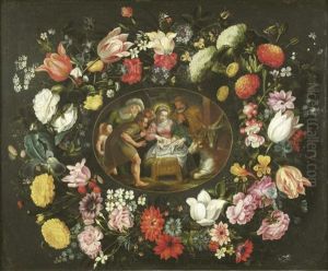 Scene De Le Naissance Entourees De Guirlande De Fleurs by Andries Daniels or Danielsz