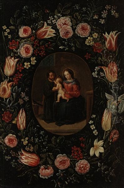 Blumengirlande Mit Heiliger Familie In Der Zimmermanns-werkstatt - view 1