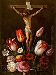 Kristus Pa Korset Omgiven Av Blommor by Andries Daniels or Danielsz