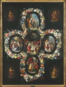 Scenes De La Vie De La Vierge Entourees De Guirlande De Fleurs by Andries Daniels or Danielsz