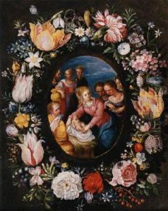 Guirlande De Fleurs Entourant Un Medaillon Central Representant La Nativite