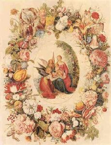 La Vierge A L'enfant Servie Par Les Anges Dans Une Guirlande Des Fleurs Sur Fond Creme by Andries Daniels or Danielsz