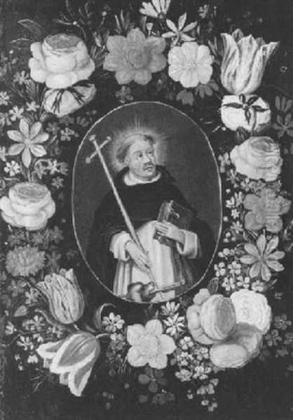 Der Heilige Dominikus Mit Hund In Einer Blumenguirlande - view 1
