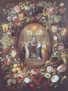 A Garland Of Tulips And Other Flowers Surrounding The Marriage Of The Virgin by Andries Daniels or Danielsz