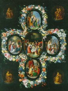 Scenes De La Vie De La Vierge Entourees D'une Guirlande De Fleurs