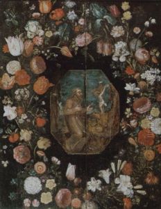 Saint Francis Of Assisi Adoring The Crucifix Within A Garland Of Flowers