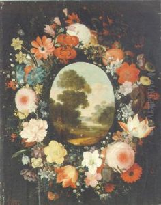 A Pastoral Landscape Surrounded By A Wreath Of Flowers A Pastoral Landscape Surrounded By A Wreath Of Flowers