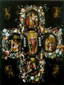 Guirlande De Fleurs Entourant Des Scenes De La Vie Du Christ