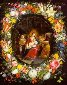 La Vierge Et L'enfant Entourees D'anges Et Musiciens Dans Une Couronne De Fleurs