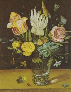 Blumenstraus In Einer Glasvase Auf Einer Tischplatte by Andries Daniels or Danielsz