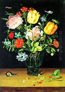 Ein Blumenstraus In Einer Vase, Erdbeeren, Einer Heuschrecke Und Einer Schnecke by Andries Daniels or Danielsz