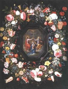 A Garland Of Lilies, Roses, Carnations, Tulips, Irises, A Fritillary And Other Flowers Surrounding A Painting Of The Coronation Of The Virgin by Andries Daniels or Danielsz
