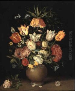 Crown Imperial Lily And Other Flowers In An Earthenware Vase On A Ledge