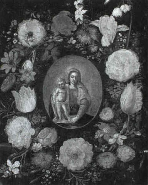 A Garland Of Flowers Surrounding A Cartouche Depicting The Madonna And Child - view 1