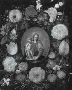 A Garland Of Flowers Surrounding A Cartouche Depicting The Madonna And Child by Andries Daniels or Danielsz