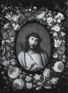 A Garland Of Flowers Surrounding...ecce Homo, On A Gold     Ground by Andries Daniels or Danielsz