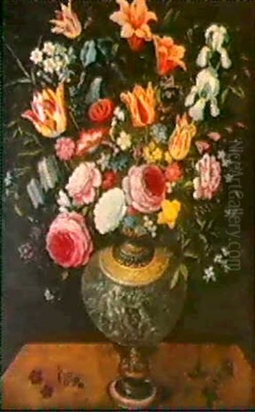 Tulipes, Roses Et Iris Presentes Dans Un Vase Pose Sur Un Entablement - view 1