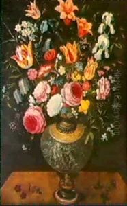 Tulipes, Roses Et Iris Presentes Dans Un Vase Pose Sur Un Entablement by Andries Daniels or Danielsz