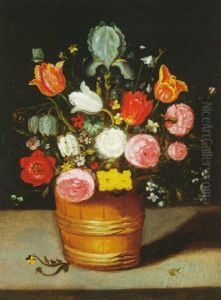 Still Life Of Flowers With Roses, Tulips And Iris In A Wooden Tub by Andries Daniels or Danielsz