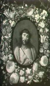 A Garland Of Flowers Surrpounding An Image Of Ecce Homo... by Andries Daniels or Danielsz