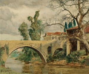 Fluslandschaft Mit Steinbrucke by Josef Danilowatz