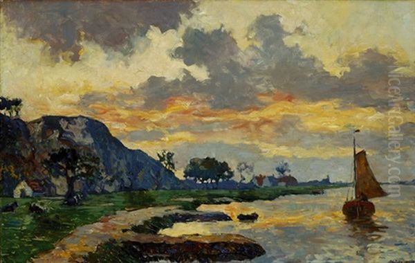 Man In A Boat On A River At Sunset - view 1
