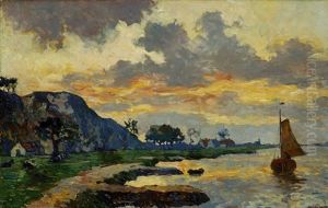 Man In A Boat On A River At Sunset by Charles Dankmeijer
