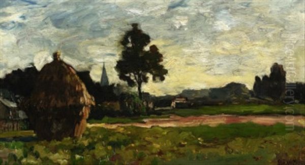 Im Spatsommer. Blick Auf Ein Feld Mit Heuhaufen Vor Einem Kleinen Dorf - view 1