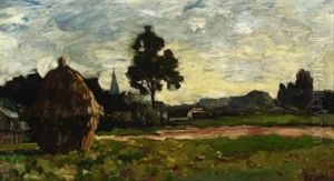 Im Spatsommer. Blick Auf Ein Feld Mit Heuhaufen Vor Einem Kleinen Dorf by Charles Dankmeijer