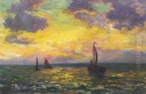 Avondstemming Noordzee: Sailing Vessels On The North Sea At Sunset by Charles Dankmeijer