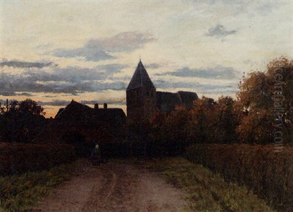 A Church With A Peasant Woman On A Path In The Evening Sun - view 1