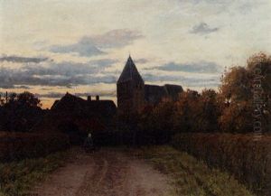 A Church With A Peasant Woman On A Path In The Evening Sun